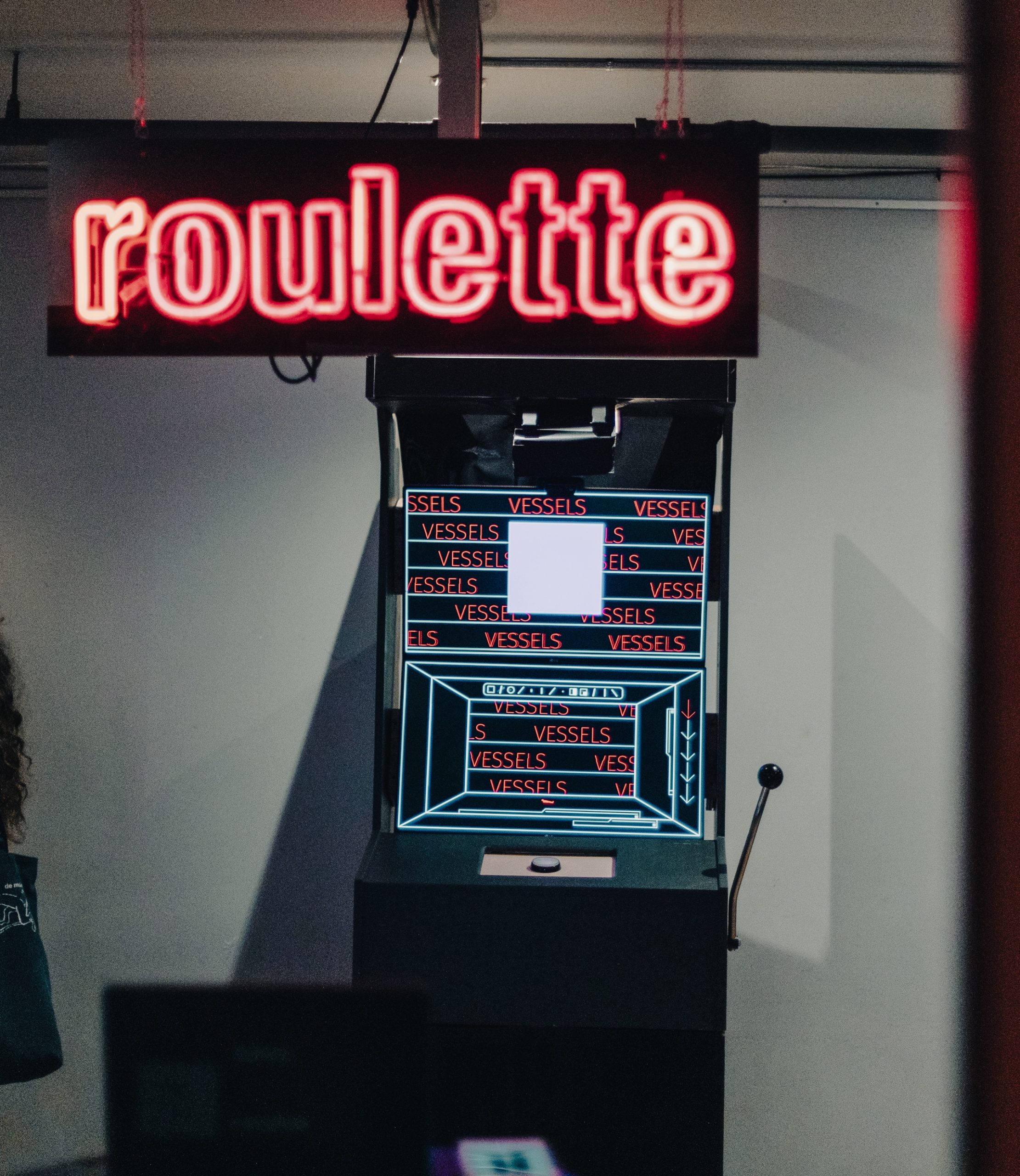 Peter Burr installation at Roulette with the Roulette sign visible
